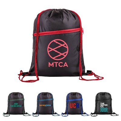 210D Polyester Drawstring Sports Backpack w/ Zipper Pocket